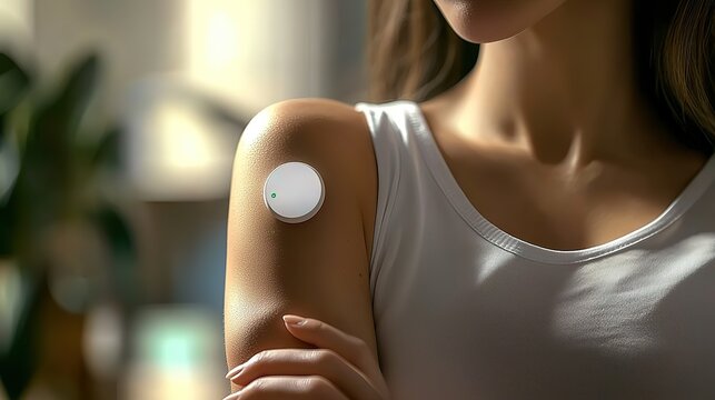 Caring woman applying smart medical patch on arm at home, close-up