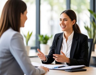 A businesswoman holds a project meeting and works on a laptop in an office among colleagues.