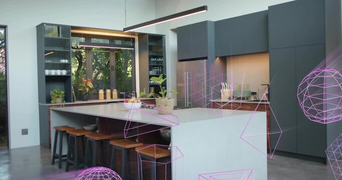 Magenta wireframes emerging from edges, orbiting and sliding around centered island, showing flow