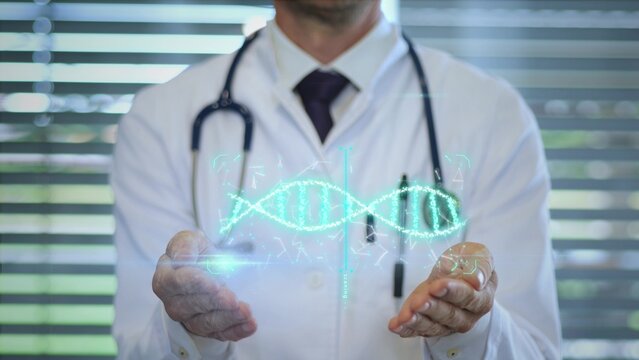 Doctor presenting DNA spiral hologram, concept of genetics, biotechnology, molecular medicine and innovation