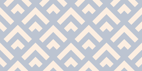 Vector abstract geometric seamless pattern with lines, arrows, fish scale grid. Simple minimal ornament. Blue and beige retro style background texture. Repeating geo design for decor, textile, print