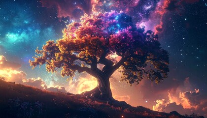 Obraz premium Vibrant tree with colorful leaves against a dreamy cosmic sky