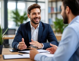 A businessman holds a project meeting and works on a laptop in an office among colleagues.