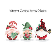 Watercolor Illustration Christmas Gnomes and Tree with Christmas Ornaments