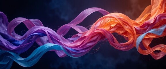 Vibrant flowing multicolored silk ribbons twisting in dynamic abstract motion against dark
