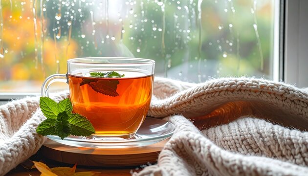 Warm amber tea with mint in a glass mug, cozy blanket, rainy window, autumn foliage - Powered by Adobe