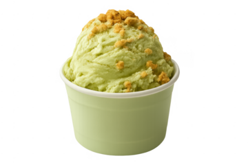 Pistachio ice cream scoop in cup with crumble