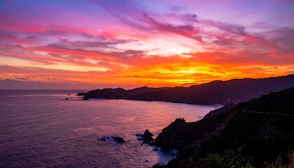 Vivid sunset over a tropical coastline, with dark hills, azure water, and a colorful, fiery sky
