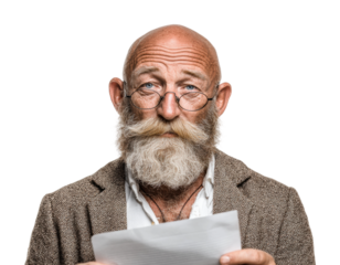 Elderly man reading document portrait neutral introspection isolated on transparent background