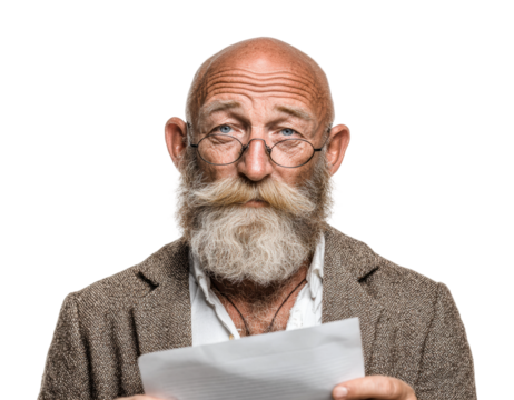 Elderly man reading document portrait neutral introspection isolated on transparent background