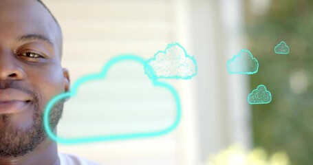 Adult man smiling on porch while teal clouds growing and crossing frame demonstrating weather - Powered by Adobe