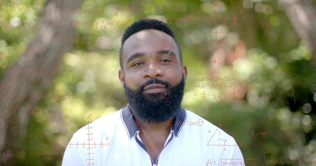 Mid-adult man shifting smile, frames progressing, graphs and equations appearing, showing education - Powered by Adobe