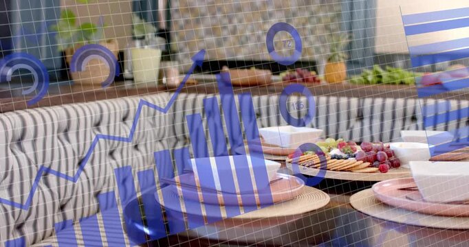 Camera panning right showing table plates bowls while blue HUD sliding, marking platter for design