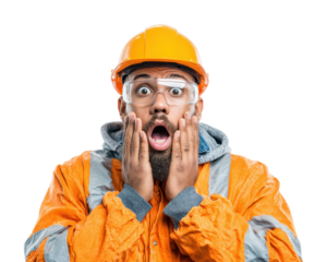 Surprised worker reacts to unexpected event construction site isolated on transparent background
