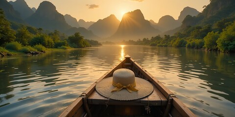 Serene river landscape captured at sunset with wooden boat and scenic mountain view