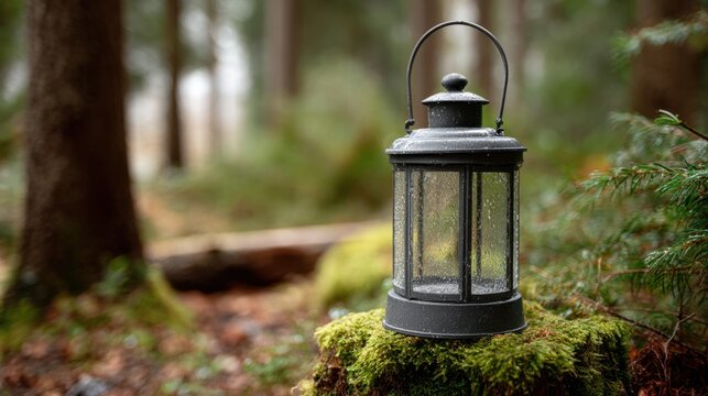 lantern in the forest — rain dappled metal lamp on moss, calm mood, natural light, shallow depth of field, rustic outdoor style for camping inspiration and serene nature