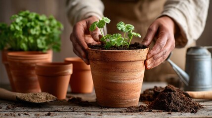 Home gardening hands nurturing seedling, calm hopeful emotion, rustic natural light closeup with terracotta pot and rich soil, educational eco image for planting, growth, sustainability, indoor slow