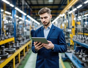 The head of the factory shop is working with a tablet in the shop.