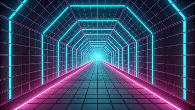 A glowing neon tunnel with a grid pattern and bright blue and pink lights receding into the distance - Powered by Adobe