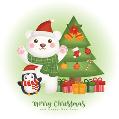 Christmas watercolor winter with christmas tree and christmas element for greeting cards, invitations, paper, packaging, Christmas design.