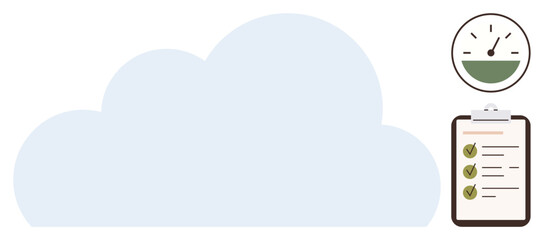 Large cloud with a floating clipboard checklist and progress gauge. Ideal for productivity, data storage, project planning, task tracking, performance review, workflow, simple flat metaphor