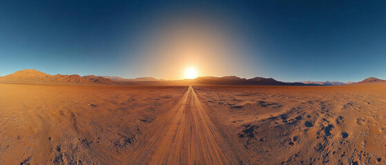 The boundless desert with a road leading to the sun conveys a spirit of adventure and freedom — perfect as a background for travel blogs.