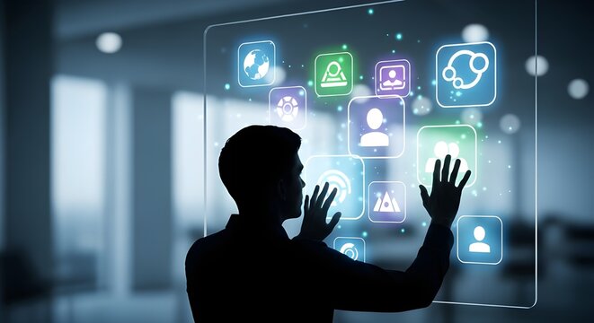 man interacting virtual screen technology future business