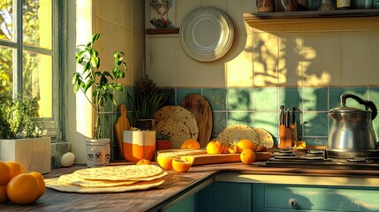 A sunny kitchen interior with citrus fruits, fresh baked goods and retro tableware will create a homely atmosphere, ideal for cooking blogs as a main backdrop.