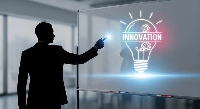 businessman pointing innovation light bulb technology concept - Powered by Adobe