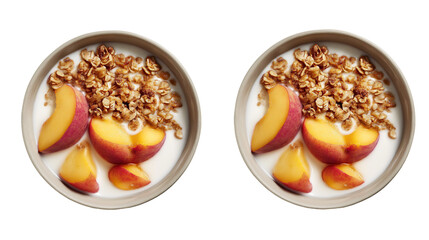 Two bowls of yogurt with granola and sliced peaches creating a delicious and healthy breakfast option