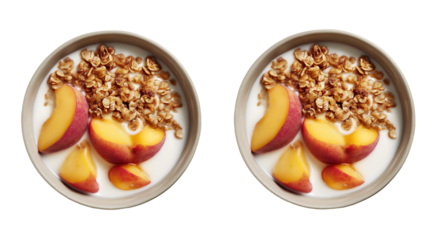 Two bowls of yogurt with granola and sliced peaches creating a delicious and healthy breakfast option