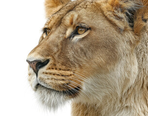 Fototapeta premium Majestic lioness profile wildlife habitat animal portrait isolated on transparent background