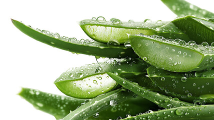 Close up of aloe vera slices with water droplets on a black background showing freshness and hydration
