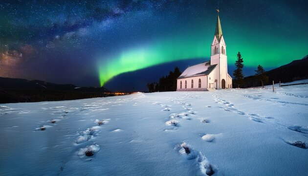 snowy church aurora borealis