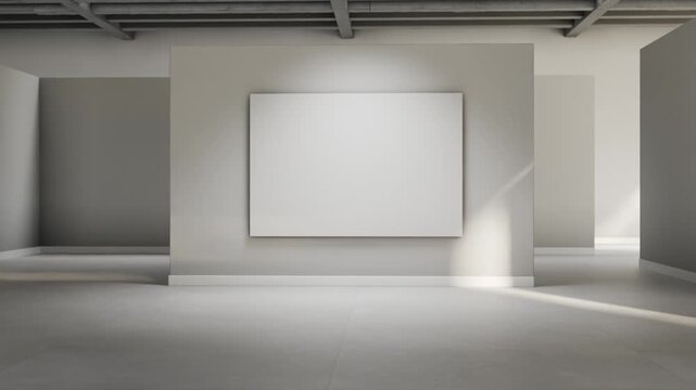 Empty gallery exhibition interior. Blank picture on white room wall background. 3d render animation