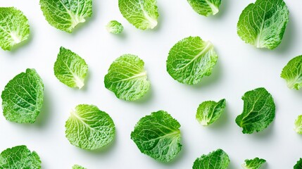 Obraz premium Fresh green cabbage leaves on a white background convey naturalness and are perfect as a natural backdrop for culinary blogs and healthy eating advertisements.