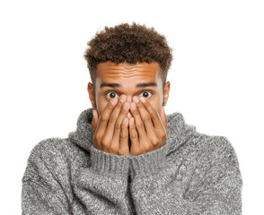 Surprised young man covers face portrait isolated on transparent background