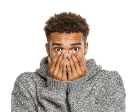 Surprised young man covers face portrait isolated on transparent background