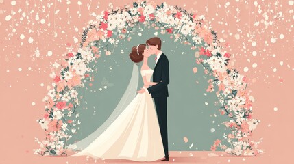 Flat wedding illustration of bride and groom under floral arch in romantic celebratory special occasion theme