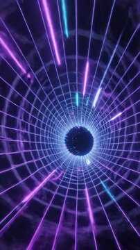 Endless flight through a vibrant purple and teal hyperbolic wireframe tunnel with smooth perspective motion and glowing neon light edges sci-fi travel, wireframe tunnel, future technology