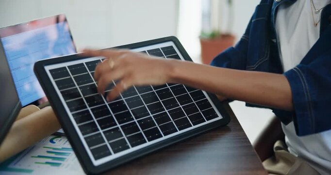 Review, solar panel or woman with prototype, hands or planning for energy pitch. Sustainable, tech or person in agency with photovoltaic cell, feedback or problem solving for renewable power project