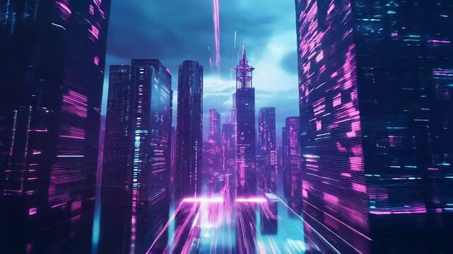 Cyberpunk urban landscape with glowing neon light trails - Powered by Adobe