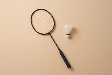 Badminton racket and shuttlecock on a beige background ready for a game or competition