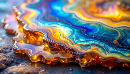Swirling, iridescent liquid layers pooling on a textured surface, reflecting light
