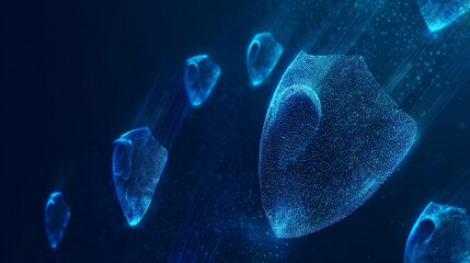 Futuristic AI cybersecurity shields protecting digital data streams in glowing defense concept illustration
