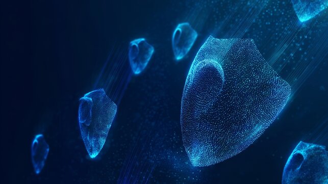 Futuristic AI cybersecurity shields protecting digital data streams in glowing defense concept illustration