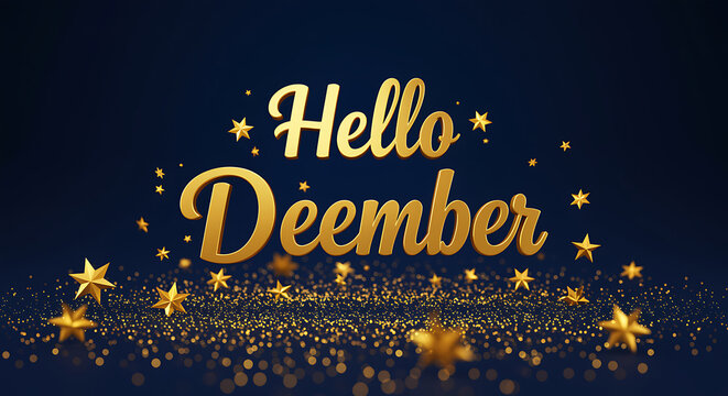Golden Hello December Text with Stars and Glitter on Dark Background