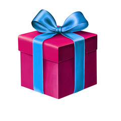 Magenta Watercolor Gift Box with Blue Ribbon &ndash; Festive High-Resolution Watercolor Clipart