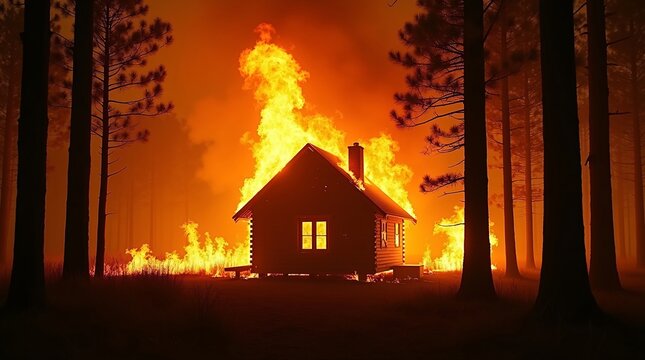 A log cabin in a forest is engulfed in intense flames, with fire and orange smoke surrounding it.