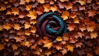 Close up of tightly wound multicolored scarf surrounded by vibrant autumn leaves in natural setting